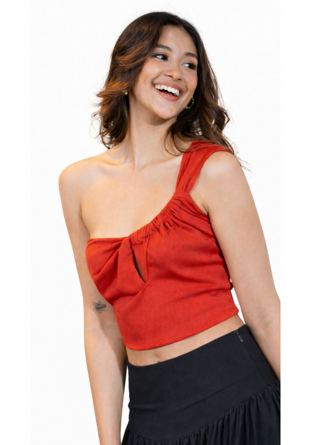 PETRIA RED ONE SHOULDER CROP TOP 